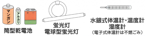 筒型乾電池、蛍光灯・電球型蛍光灯、水銀式体温計・温度計・湿度計（電子体温計は不燃ごみ）